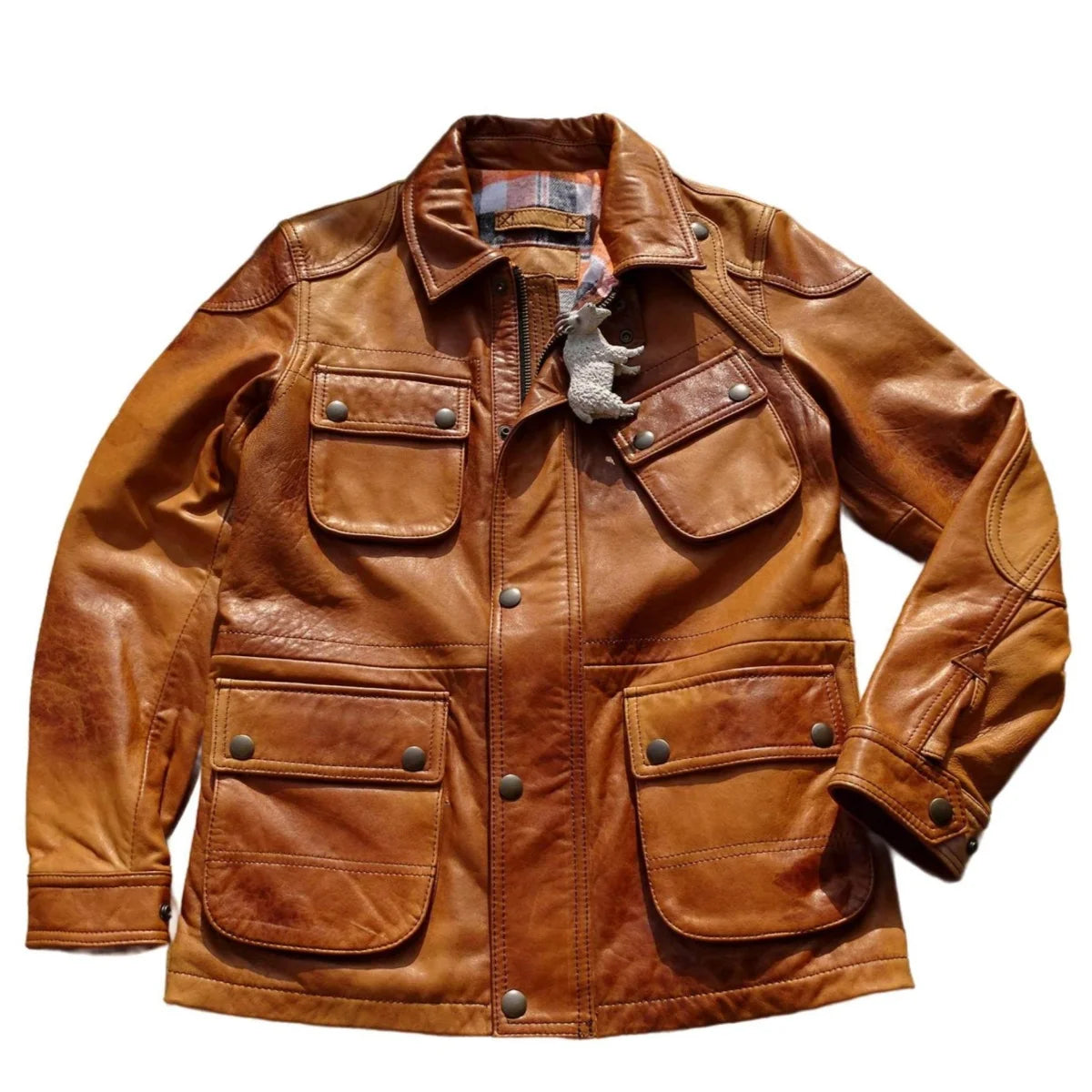 Orange Autumn Leather Jacket Men Safari Style Plus Size 3XL Genuine Natural Sheepskin Stand Collar Retro Vintage M65 Coat