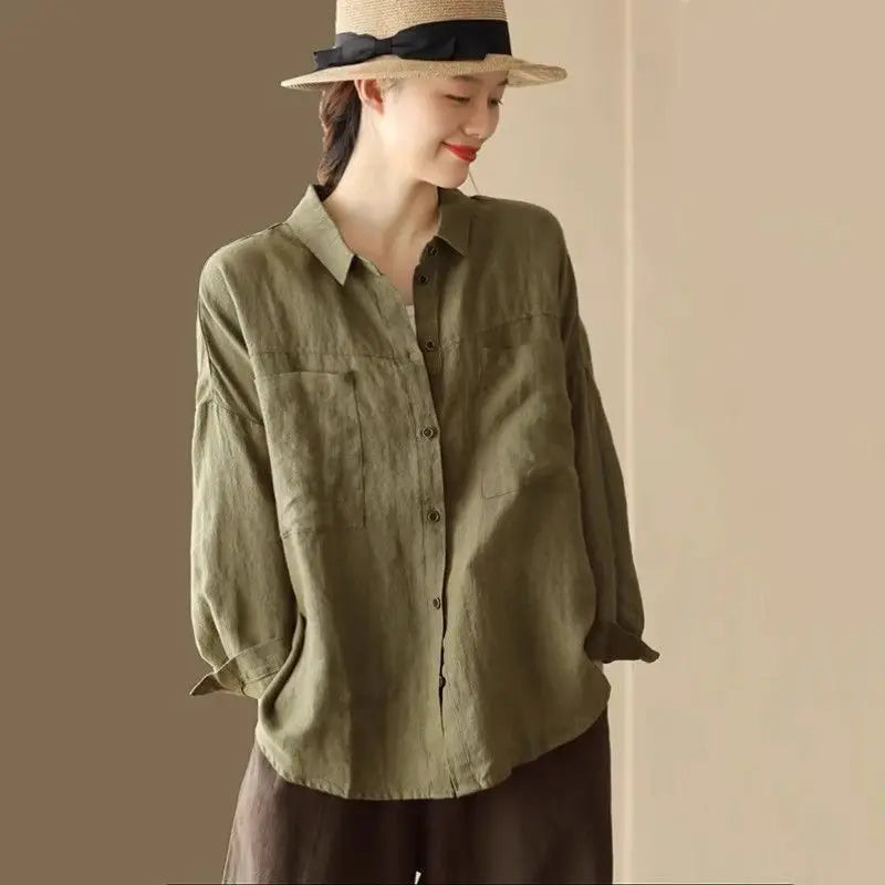 Loose Fit Casual Cotton Linen Long Sleeve Shirt Women's Autumn Winter New Style Thin Open Cardigan Top Comfortable Loose Style