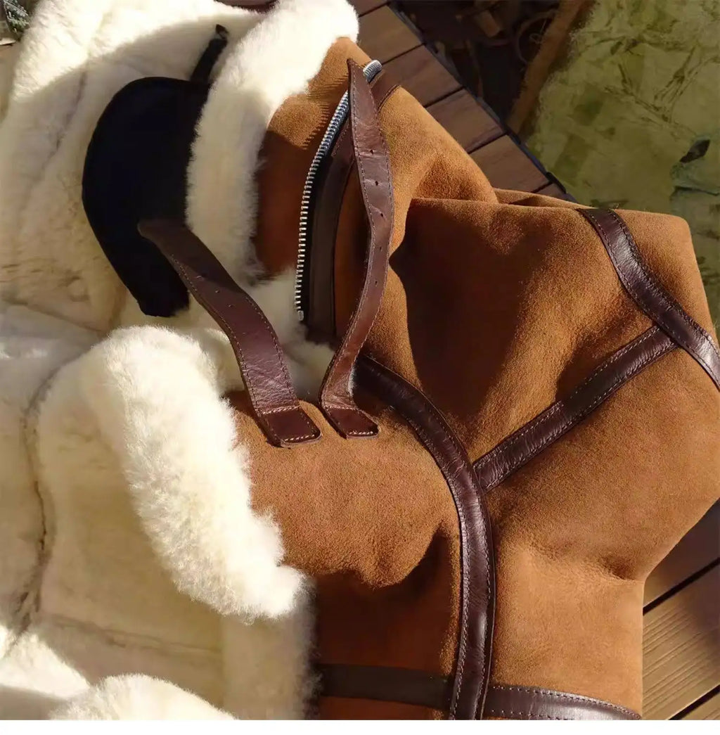 Brown Winter Shearling Jacket Men Military Style Plus Size 4XL Genuine Natural Thick Sheepskin Turn-Down Collar Flight Coat