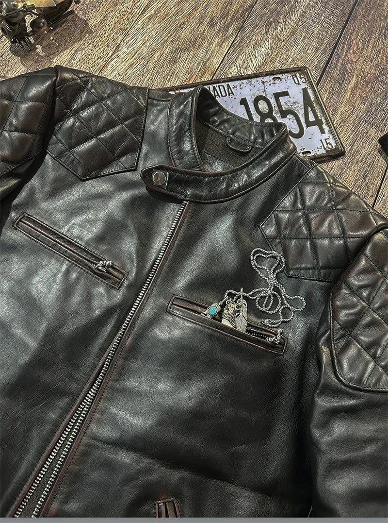 Black Winter Leather Jacket Men Vintage Style Plus Size 5XL Genuine Natural Cowhide Stand Collar Slim Fit Leather Coat