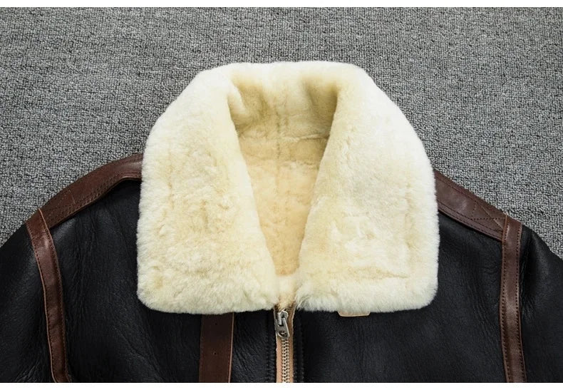 Men's Genuine Sheepskin Shearling Jacket A2 Flight Style Black Brown Fur Collar Winter Bomber Pilot Coat Thick Warm Jacket