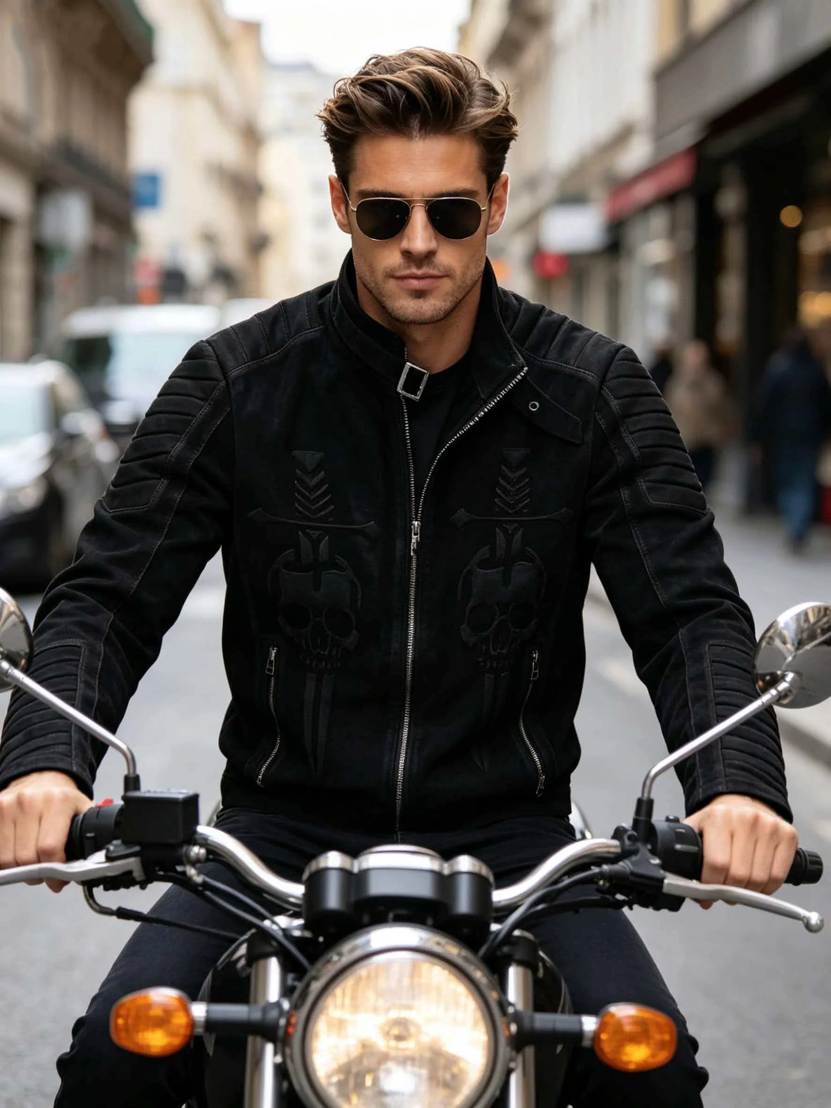 Black Winter Leather Jacket Men Vintage Style Plus Size 3XL Genuine Natural Thick Cow Suede Stand Collar Skulls Pattern Coat