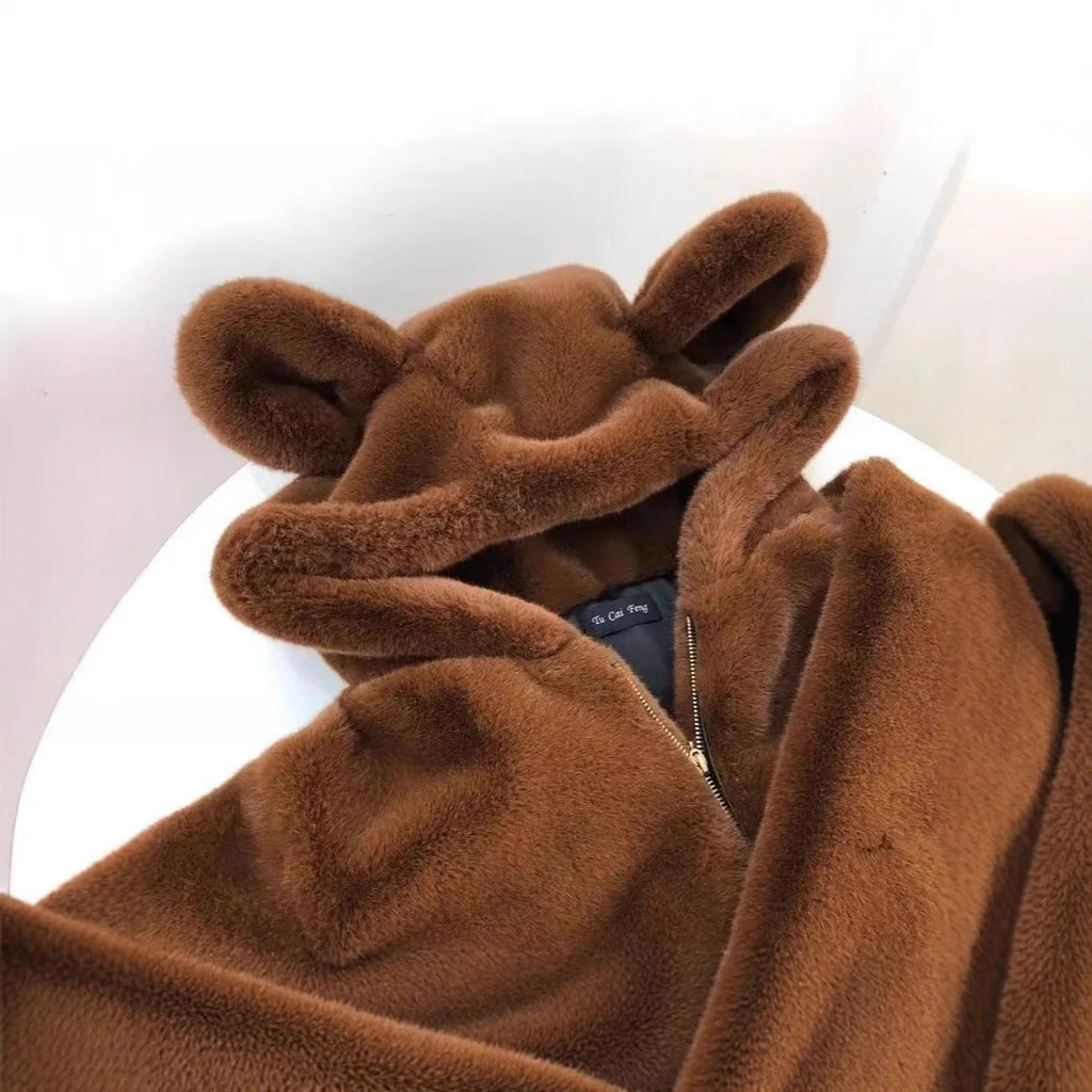Autumn Winter Thickened Bear Ear Hooded Coat Women's Fashionable Fluffy Simulation Fur Jacket Cute Long-Line Casual Outfit