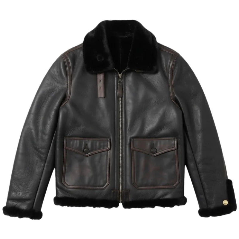 Black Winter Shearling Jacket Men American Retro Style Plus Size 5XL Genuine Natural Thick Sheepskin Turn-Down Collar Warm Coat