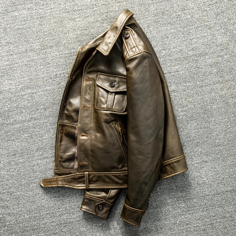 Light Green Autumn Leather Jacket Men Vintage Style Plus Size 4XL Genuine Natural Thick Cowhide Turn-Down Collar P37 Pilot Coat