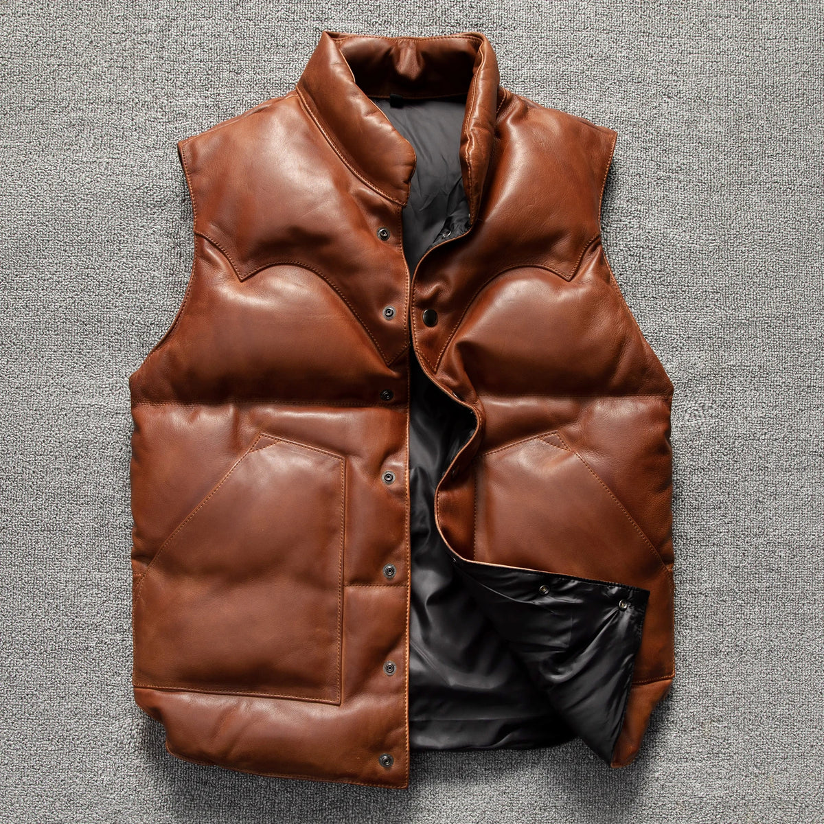 Genuine Natural Sheepskin Stand Collar Single Breasted Vest Brown Winter Leather Down Vest Men Vintage Style Plus Size 5XL