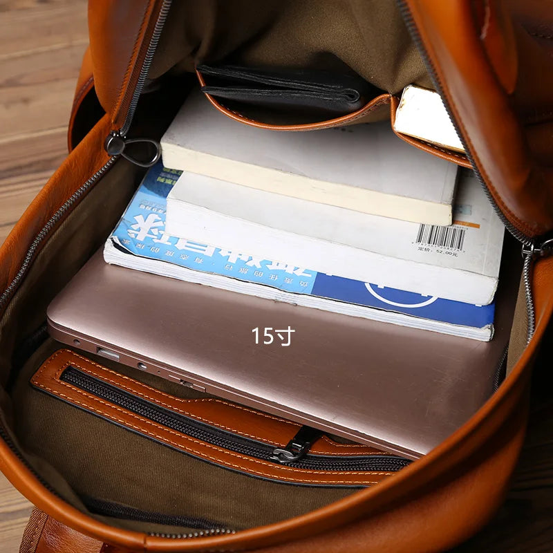 NZPJ Genuine Leather Men's Backpack Retro Top Layer Cowhide Casual Computer Bag European And American Fashion Travel Bag