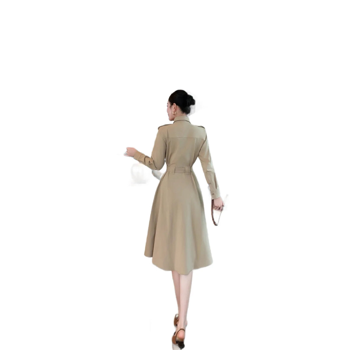 Blue Khaki Waist-Cinching Long Sleeve Midi Dress Women's New Style French Elegant Coat Dress Cotton Pure Color A-Line Skirt