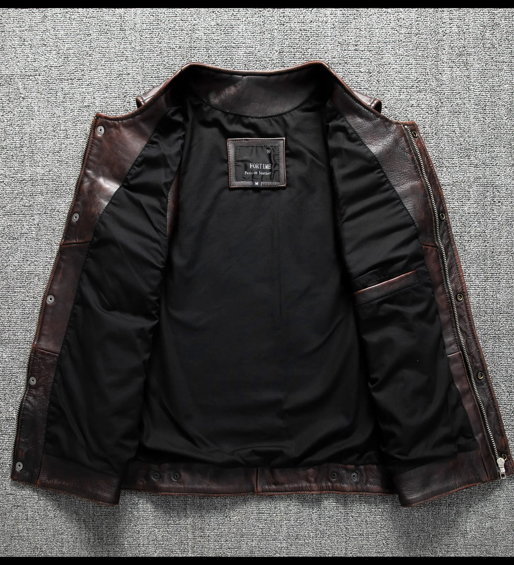 Red Brown Spring Leather Vest Men Retro Style Plus Size 6XL Genuine Natural Cowhide O-Neck Collar Slim Fit Short Sleeveless Coat