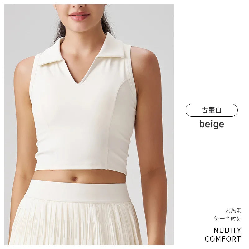 Outdoor Fitness Tennis Outfit Polo Shirt Sleeveless Collared Yoga Vest Breathable Nylon Spandex Slim Fit Youth Women's Top