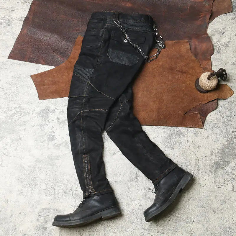 Black Spring Leather Trousers Men Retro Style Plus Size 4XL Genuine Natural Sheepskin Add Protection Device Motorcycle Pants