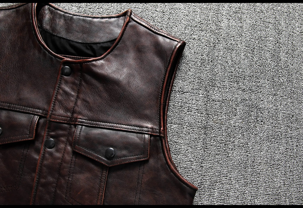Red Brown Spring Leather Vest Men Retro Style Plus Size 6XL Genuine Natural Cowhide O-Neck Collar Slim Fit Short Sleeveless Coat