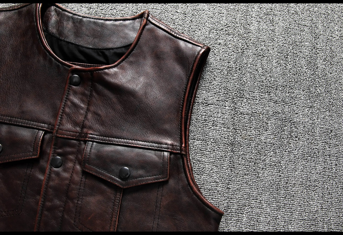 Red Brown Spring Leather Vest Men Retro Style Plus Size 6XL Genuine Natural Cowhide O-Neck Collar Slim Fit Short Sleeveless Coat