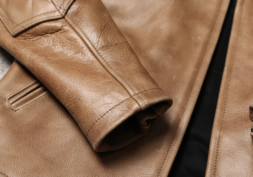 Light Brown Winter Leather Jacket Men Sprots Style Plus Size 5XL Genuine Natural Thick Cowhide Stand Collar Slim Leather Coat