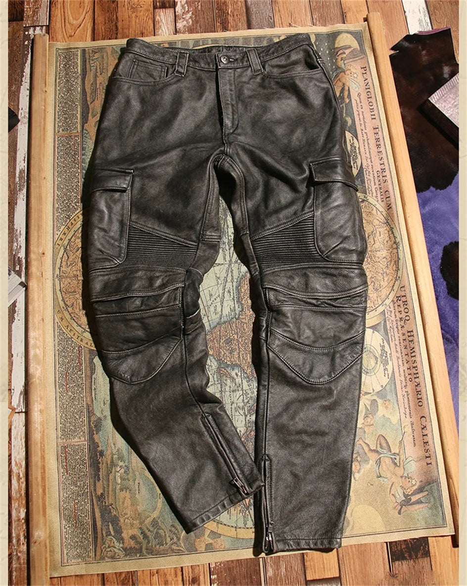 Retro Black Winter Leather Trousers Men Vintage Style Genuine Natural Cowhide Can Add Motorcycle Protection Device Leather Pants