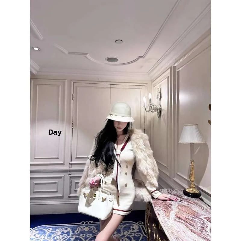 French Style Splice Color V-Neck Dress Slim Fit Short Tight Bodycon Skirt Autumn Winter Korean Style Fashionable Wrap Dress