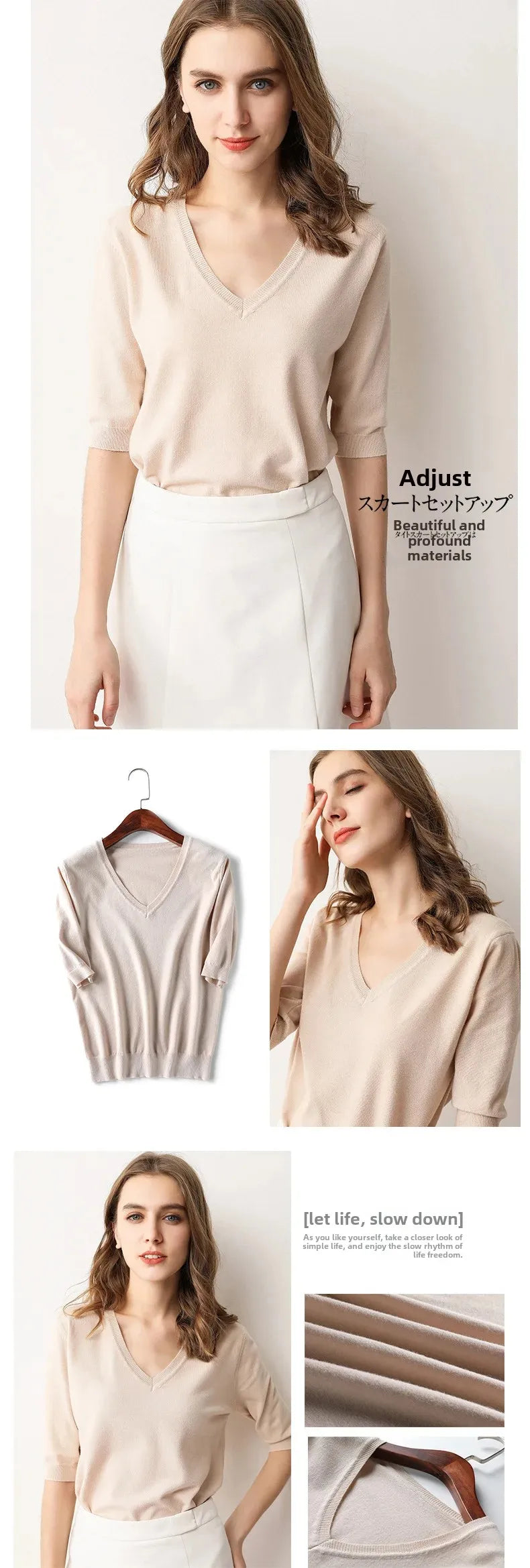 Spring Autumn New Style V-Neck Thin Knitted Loose Short Sleeve Women's T-Shirt Thin Summer Top Comfortable Base Layer Shirt