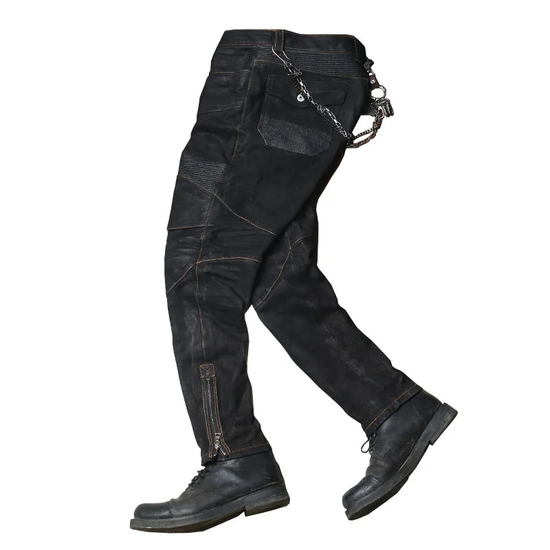 Black Spring Leather Trousers Men Retro Style Plus Size 4XL Genuine Natural Sheepskin Add Protection Device Motorcycle Pants