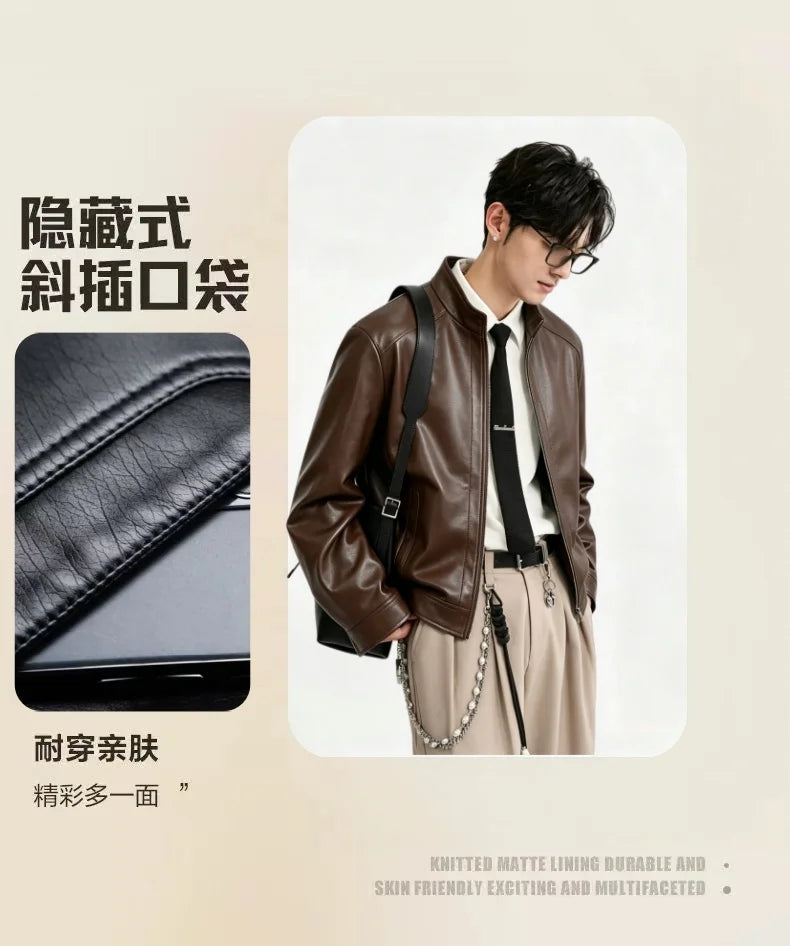 Men Spring Autumn Stand Collar Thin PU Leather Jackets Men Motorcycle Outer Coats Men Versatile Daily Casual Leather Jackets