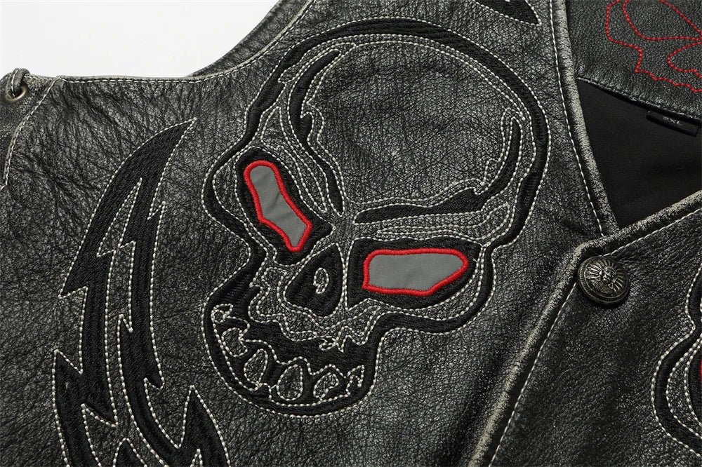 Black Spring Leather Vest Men Skull Embroidery Retro Style Plus Size 5XL Genuine Natural Cowhide Single Breasted Sleeveless Coat