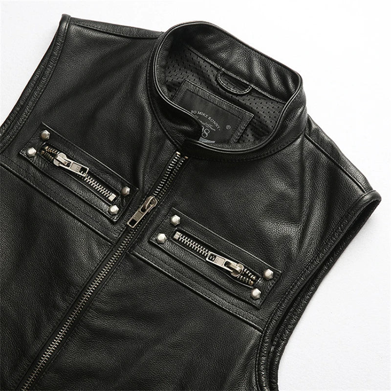 Red Brown Spring Leather Vest Men Retro Style Plus Size 4XL Genuine Natural Cowhide Stand Collar Motorcycle Sports Rivets Vest