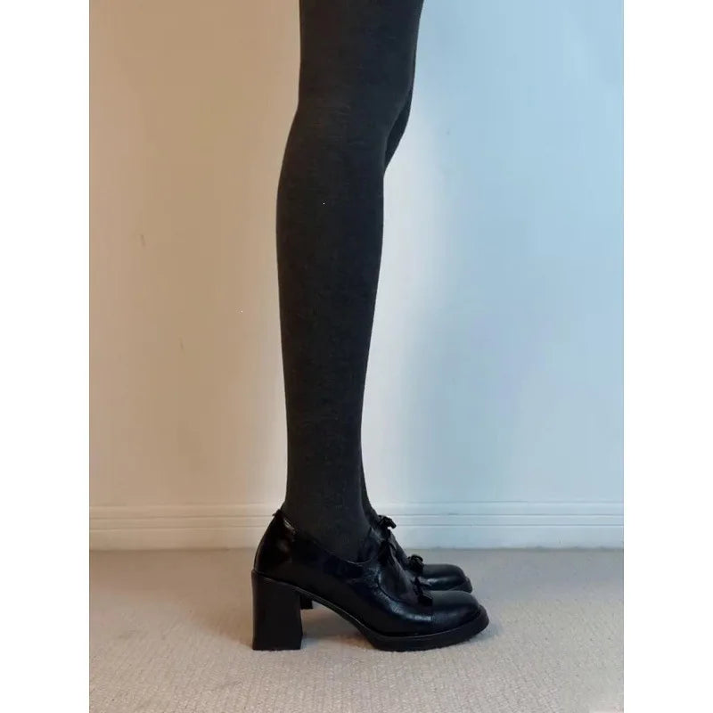 Soft Cowhide British Style round Toe High Heel Women's Slip-On Chunky Heel Shoes Elegant Versatile Loafers for All Seasons