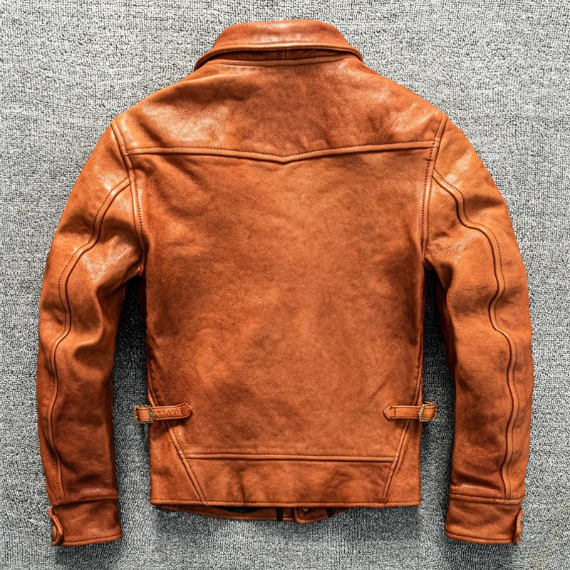 Orange Spring Leather Jacket Men Japan Casual Style Plus Size 5XL Natural Sheepskin Single Breasted Short Genuine Leather Coat