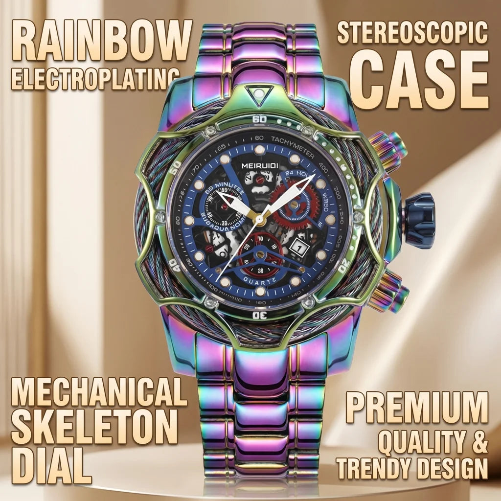 1pc Iridescent Color Changing Metal Strap Watch Mechanical Hollow Dial Chronograph Fashion Trendy Wristwatch For Men Women Daily