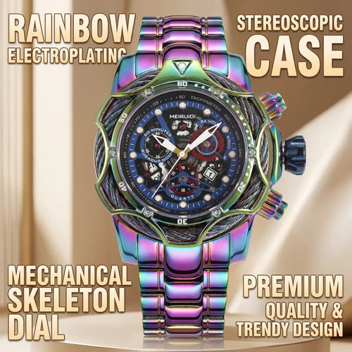 1pc Iridescent Color Changing Metal Strap Watch Mechanical Hollow Dial Chronograph Fashion Trendy Wristwatch For Men Women Daily