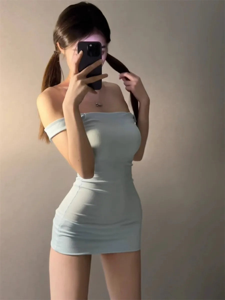 Sexy Korean Style One Shoulder Elastic Slim Fit Blue Skirt Short Dress High Waist Wrap around Bodycon Dress Ice Silk Material