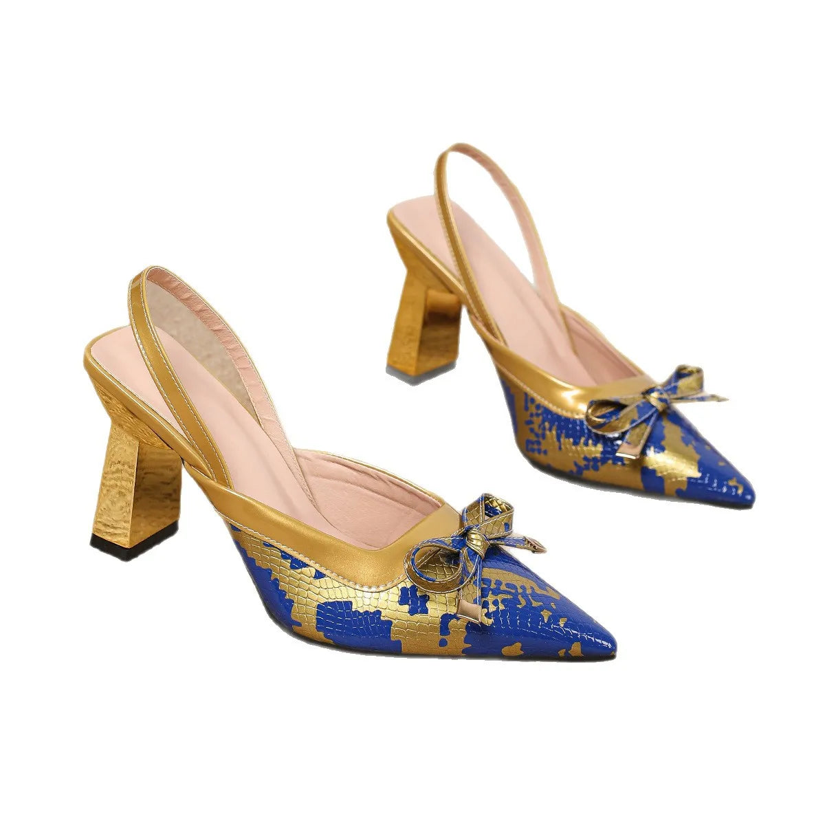 Women's Pointed Toe High Heels with Back Strap Butterfly Knot PU Leather Slip-On Shoes Green And Gold Color Block Clog Shoes