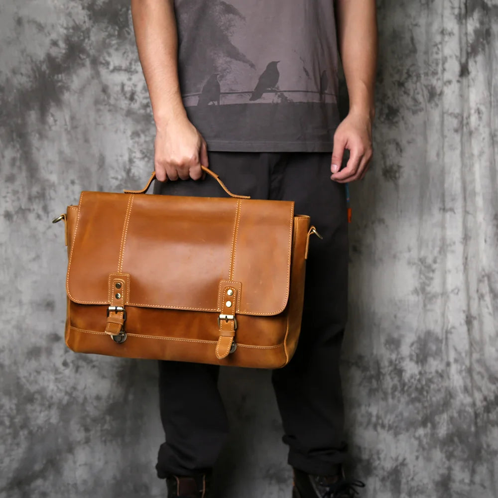 NZPJ Vintage Leather Men's Briefcase Crazy Horse Leather Handbag Casual Natural Cowhide Computer Bag Shoulder Messenger Bag