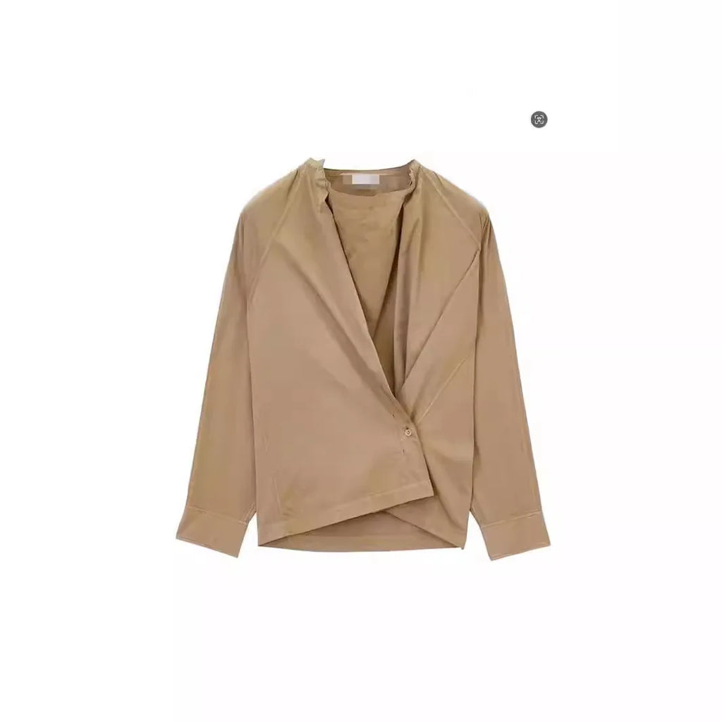 Asymmetric Button Side Split Long Sleeve Women's Shirt Le Home New Color Design Casual Commute Style Cotton British Style