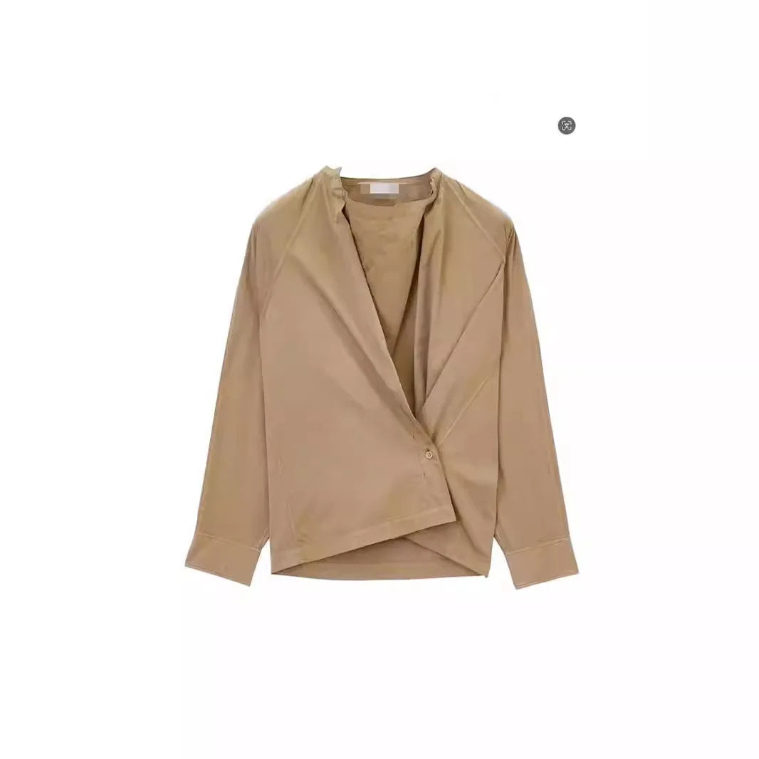 Asymmetric Button Side Split Long Sleeve Women's Shirt Le Home New Color Design Casual Commute Style Cotton British Style