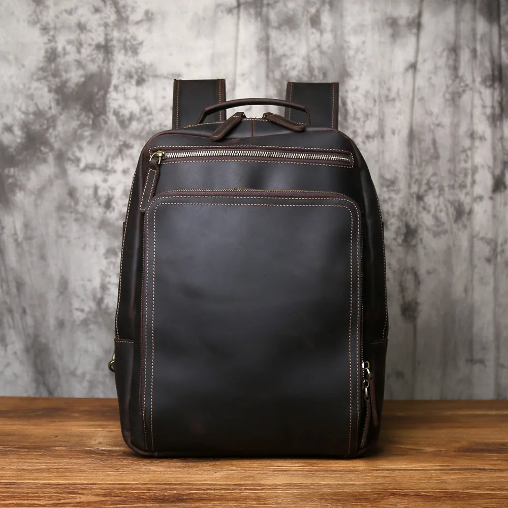 NZPJ Vintage Genuine Leather Men's Backpack Top-Grain Cowhide Business Laptop Bag Crazy Horse Leather Travel Bag For Business