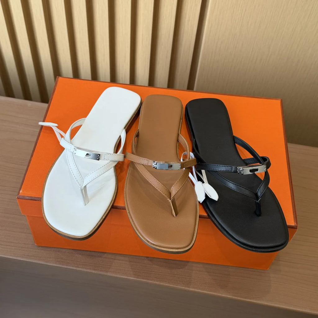 Summer 2026 Women's Casual Metal Lock Buckle Sandals Thong Slippers with Strap for Outdoor Beach Vacation Flat Heel Shoes
