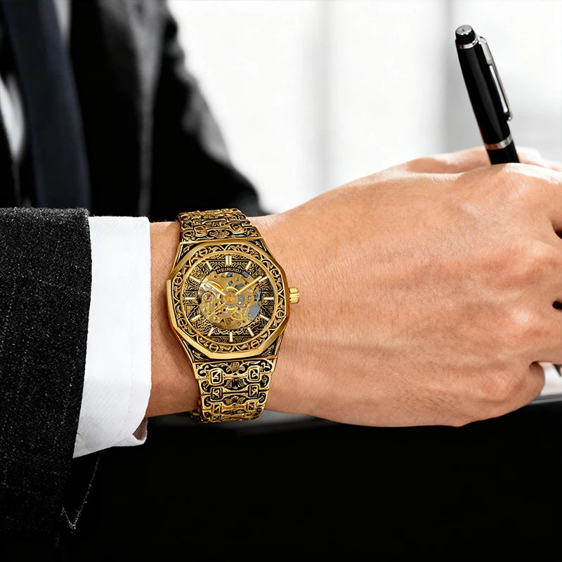 A men's yellow casual style high aesthetic fully automatic precision carved pattern stud mechanical watch