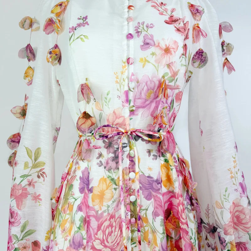 Elegant Street Style Long Dress with Lantern Sleeves Single Button Stand Collar Floral Print High-End Feeling for Ladies