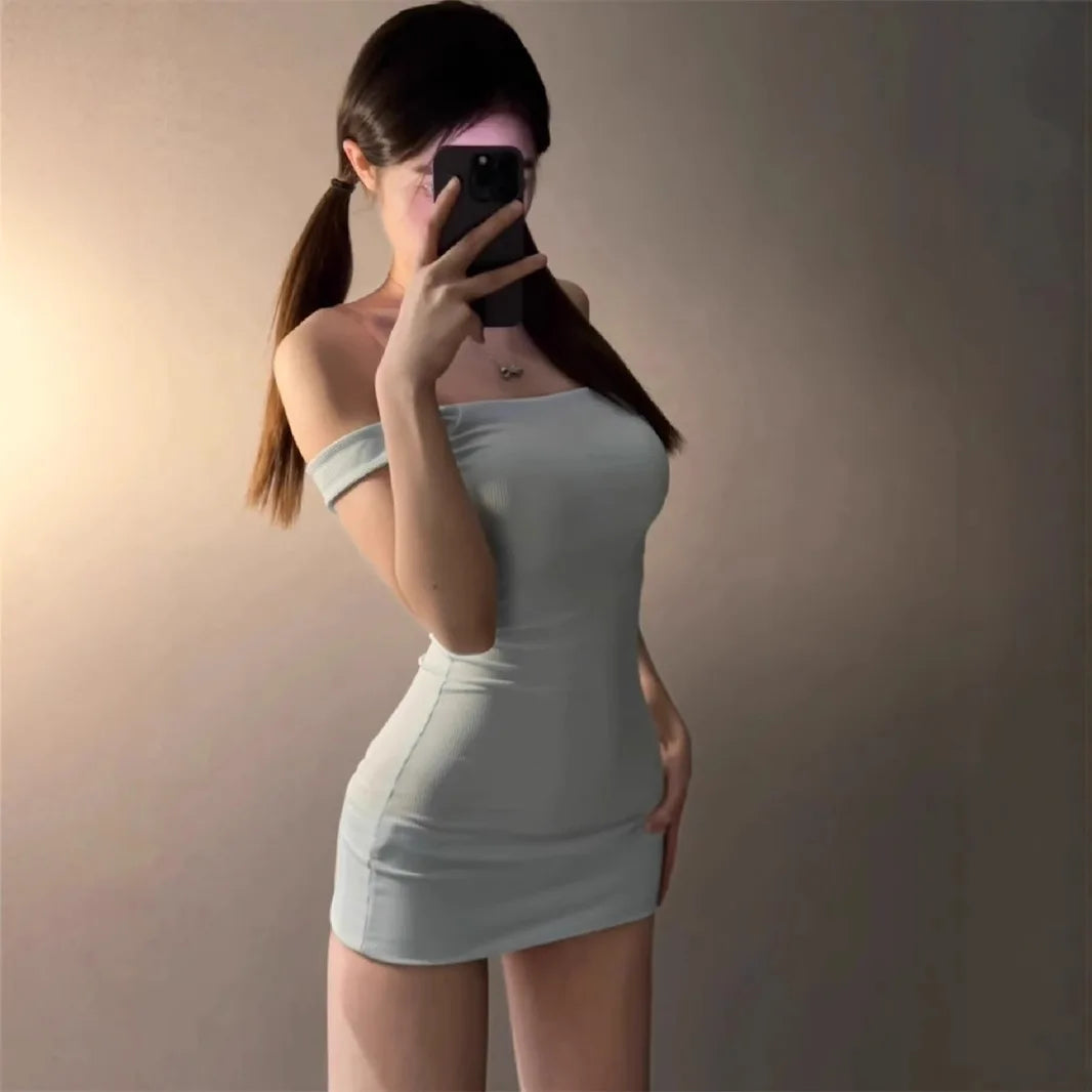 Sexy Korean Style One Shoulder Elastic Slim Fit Blue Skirt Short Dress High Waist Wrap around Bodycon Dress Ice Silk Material