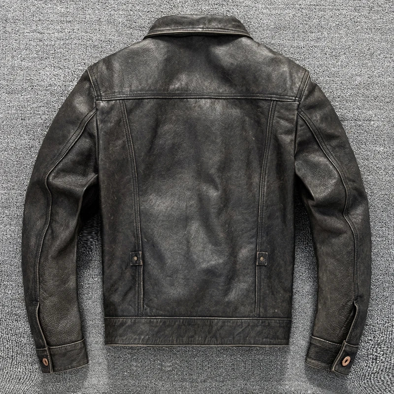 Black Spring Leather Jacket Men Vintage Style Plus Size 5XL Genuine Natural Cowhide Turn-Down Collar Single Breasted Coat