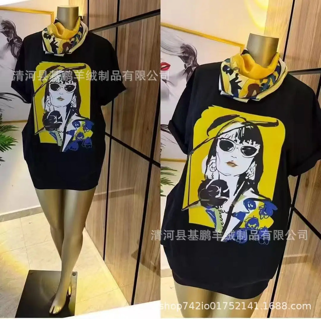 Loose Fit Embroidered Cotton T-Shirt Women's Shoulder Width round Neck Print Short Sleeve Cross-Border Half Sleeve Street Style