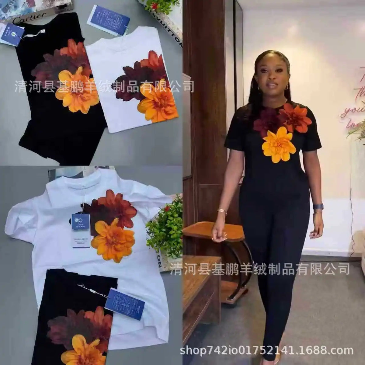 Loose Fit Embroidered Cotton T-Shirt Women's Shoulder Width round Neck Print Short Sleeve Cross-Border Half Sleeve Street Style