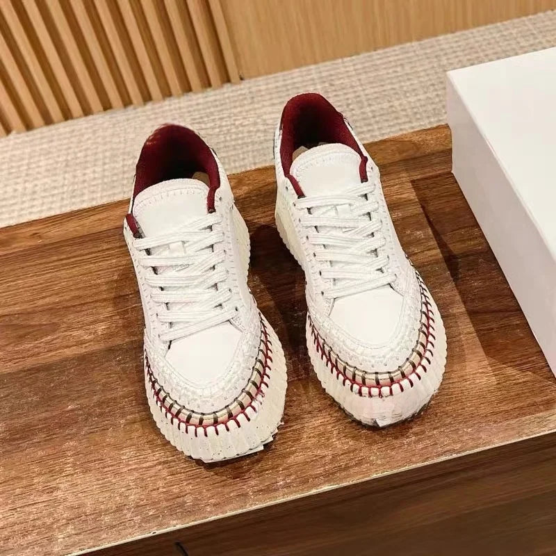 New 2025 Women's Thick Bottom Sports Shoes Sewn Casual Cowhide High Toppling Bottom Flat Shoes Comfortable Breathable Leather