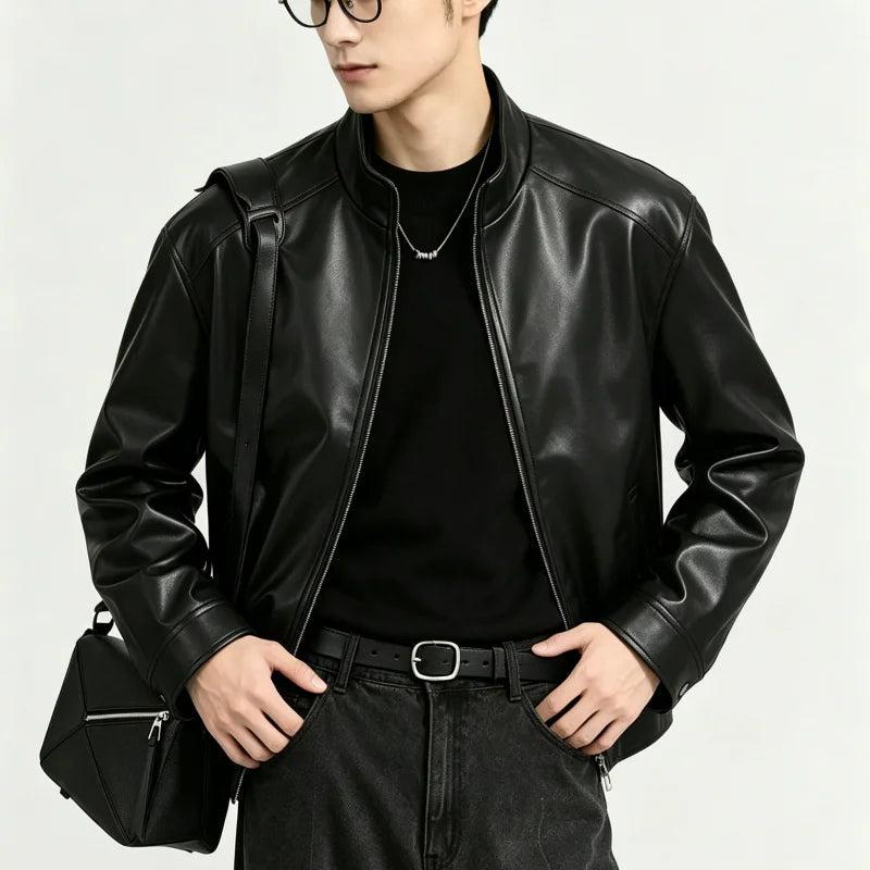 Men Spring Autumn Stand Collar Thin PU Leather Jackets Men Motorcycle Outer Coats Men Versatile Daily Casual Leather Jackets