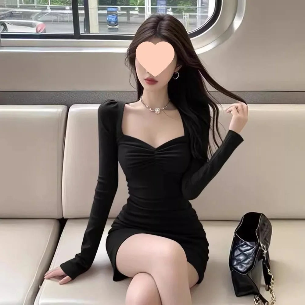Black French Style Square Collar Vintage Dress Women's Autumn New Slimming Waist Design Bodycon Skirt Long Sleeve Pure Color