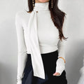 Korean Style Women's Long Sleeve T-Shirt Bow Design Halter Neck Slim Fit Comfortable Base Shirt Cotton Spring Summer Top