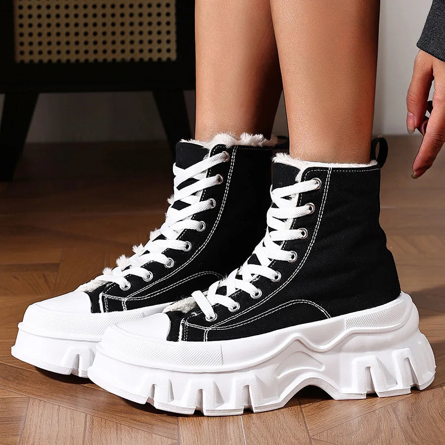 Winter Warm Thick Bottom High Top Canvas Boots Women's Shoes Large Size Black Lace-Up Short Boots Heightening Modern Dance