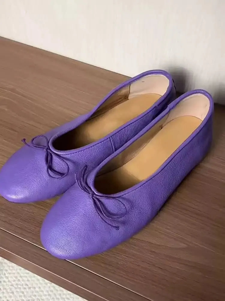 Soft Leather Purple Flat Ballet Flats Women's Shoes Gentle Lady Butterfly Knot Commuter round Toe Shoes Modern Minimalist Style