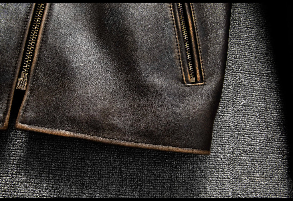 Dark Brown Autumn Leather Jacket Men Retro Style Plus Size 6XL Genuine Natural Cowhide Stand Collar J100 Motorcycle Sports Coat