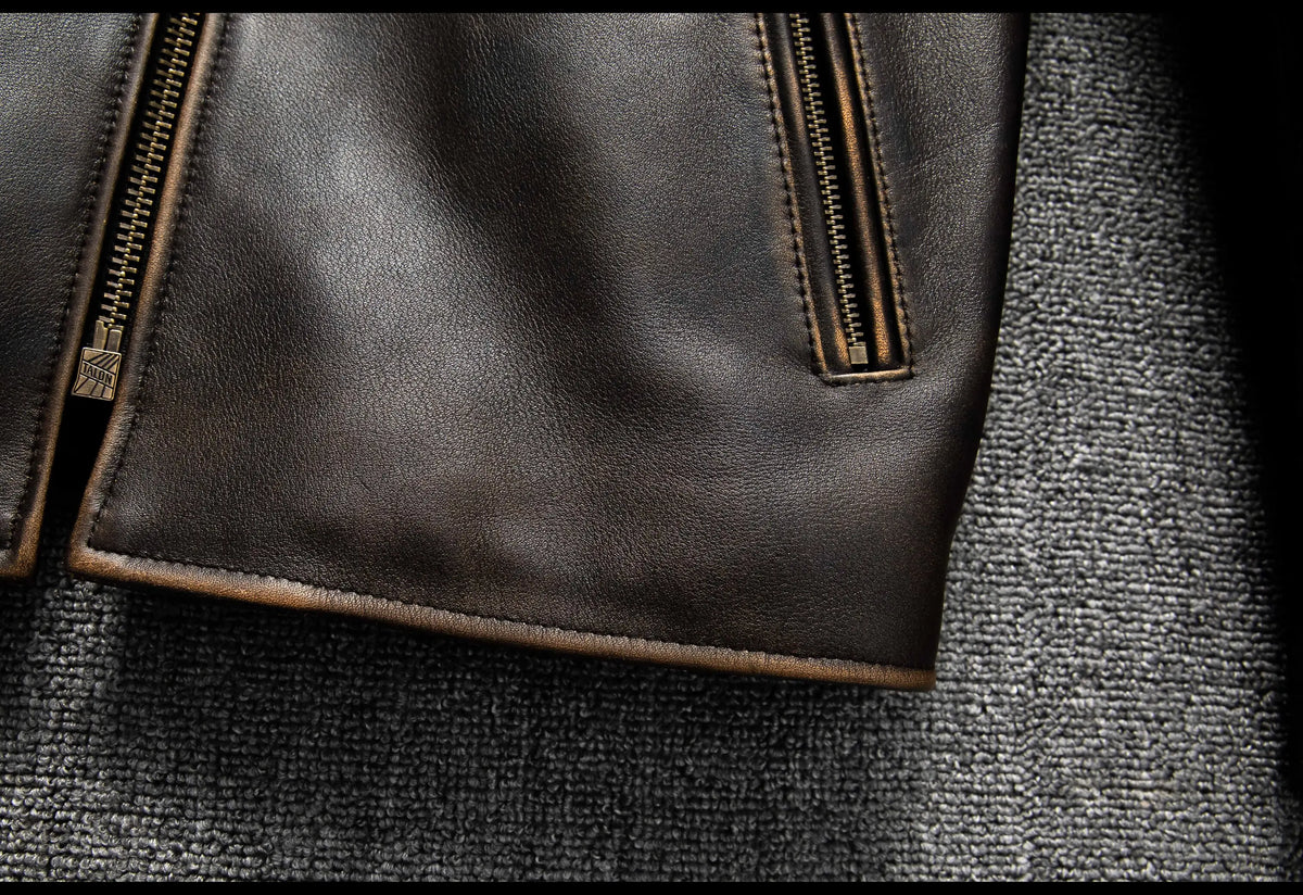 Dark Brown Autumn Leather Jacket Men Retro Style Plus Size 6XL Genuine Natural Cowhide Stand Collar J100 Motorcycle Sports Coat